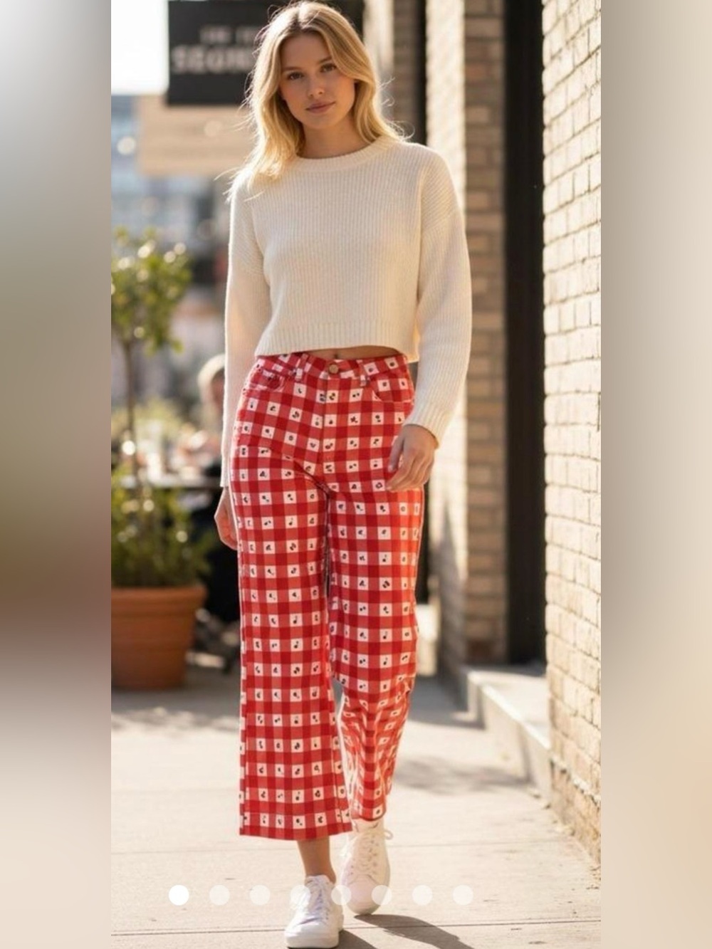 Oat New York Red Gingham Wide Leg Pants with White Accents